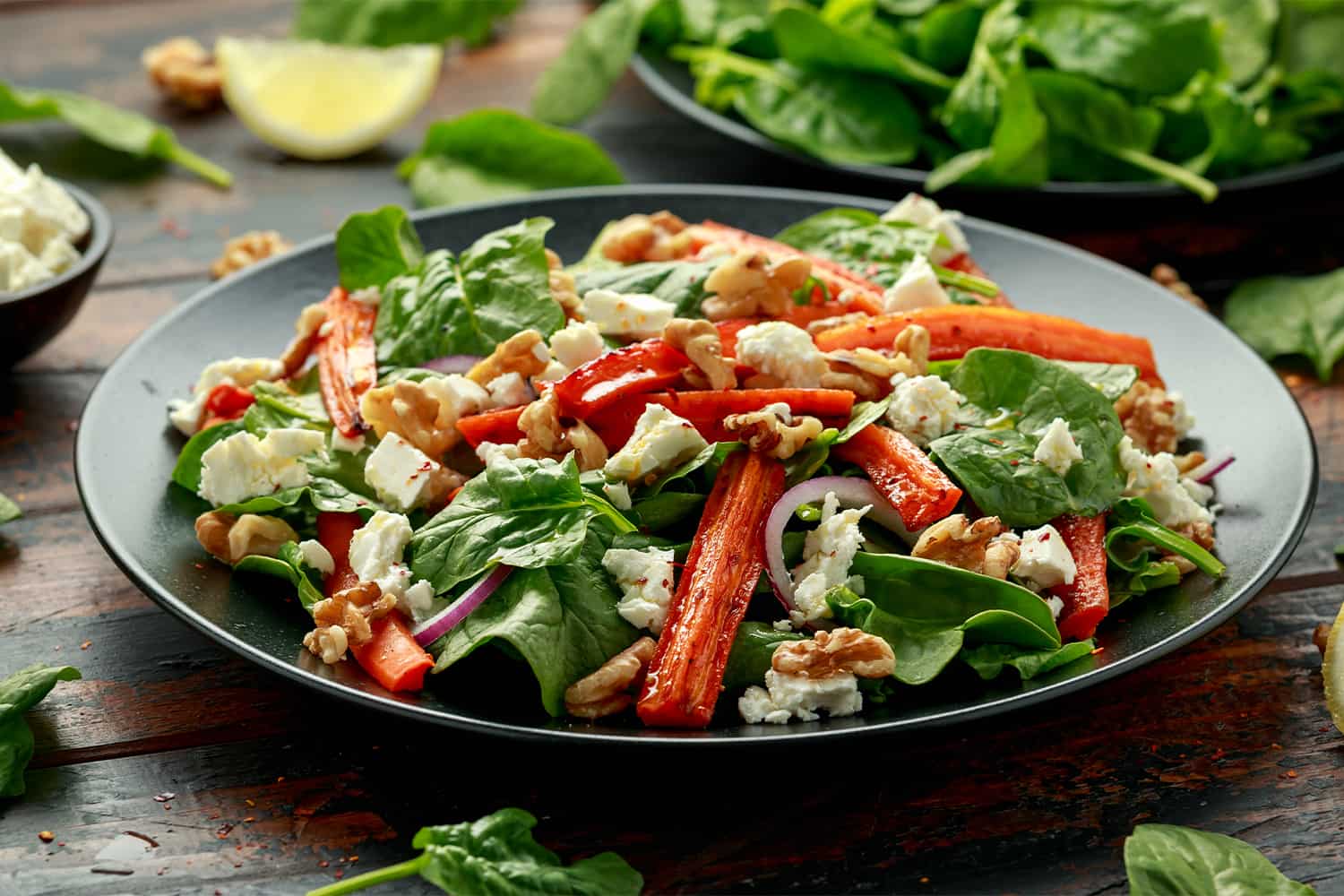 Roasted Carrot Salad with Spinach, Feta Cheese and Walnuts