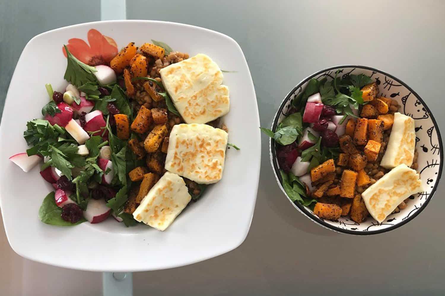 Spinach, Roasted Squash and Halloumi Cheese salad