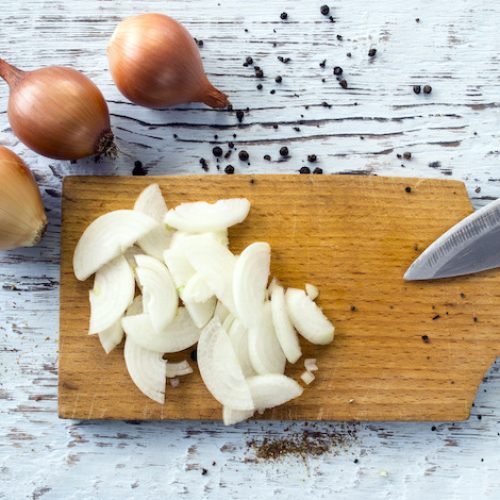 Finely chopped onion on a cutting board